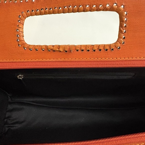 Tooled Leather Clutch Purse Floral Orange Black Handbag Whipstitch Made in India - Picture 8 of 9